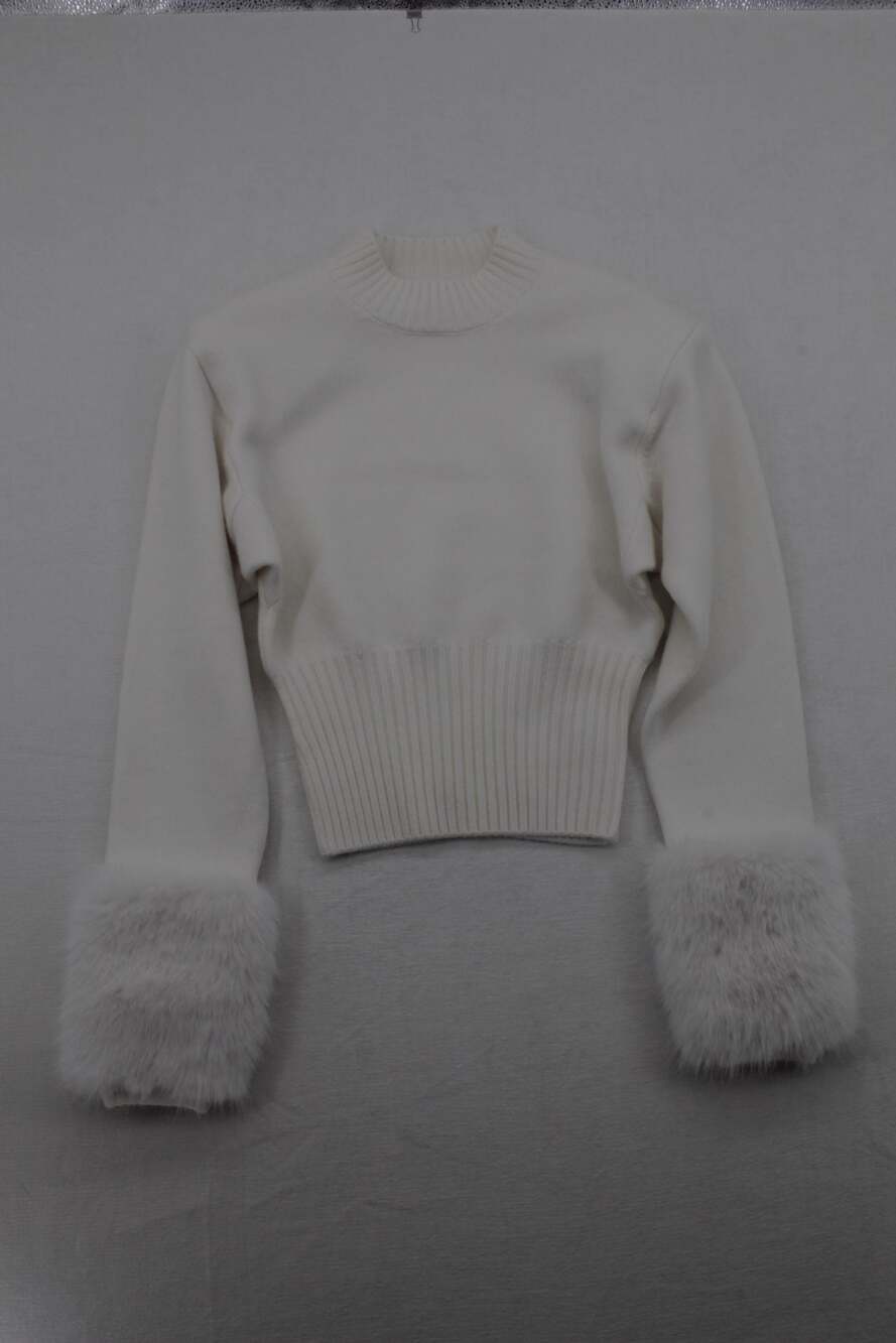 Ronny Kobo Jenner Faux-Fur Cuff Knit Top in Ivory